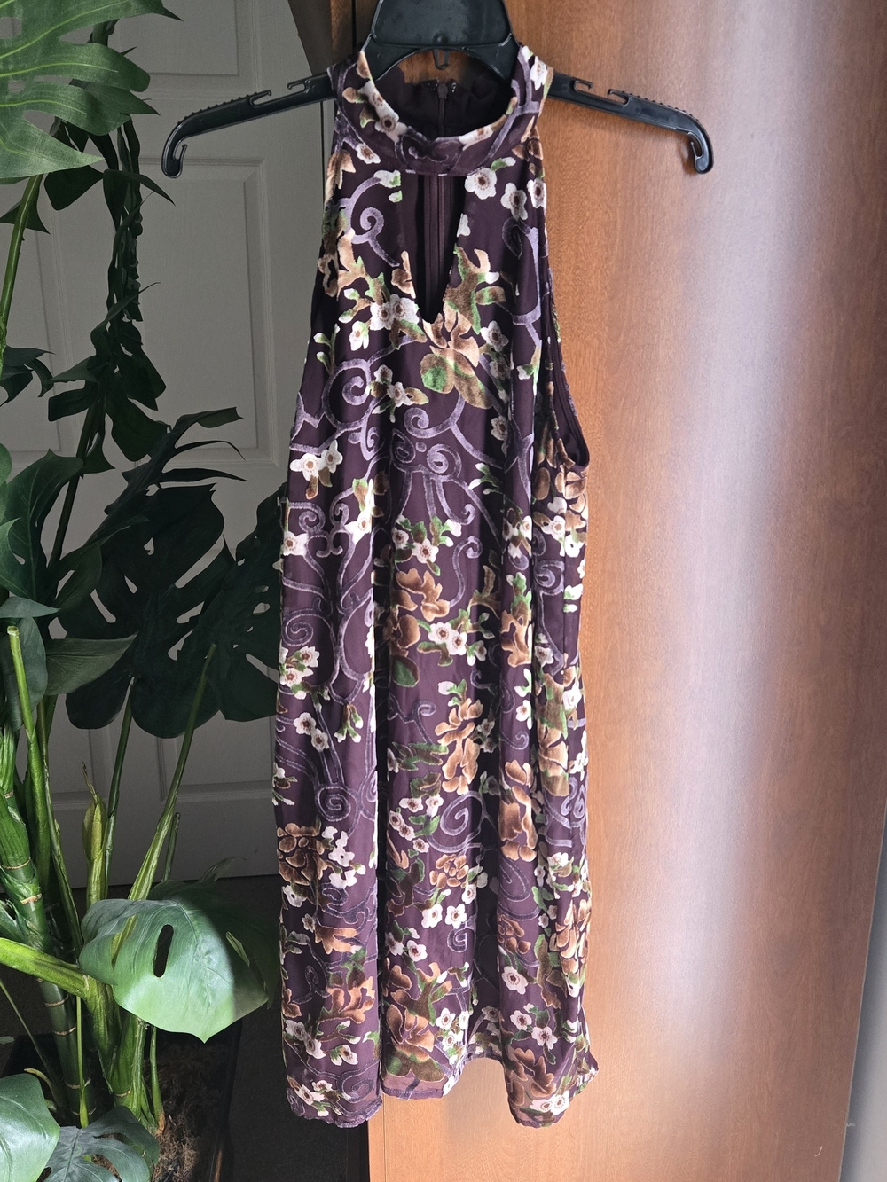 Sleeveless Floral Halter Dress in Plum and Taupe